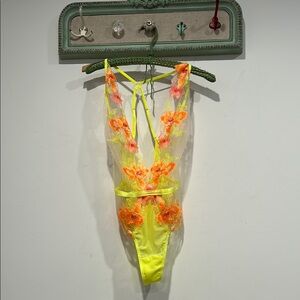 Floral sheer mesh Embroidered love lemon neon orange Bodysuit medium new